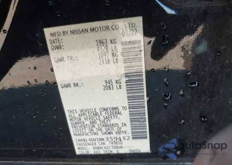 2022 Nissan Altima Sv Fwd из США, поврежденный, VIN 1N4BL4DV1NN359452